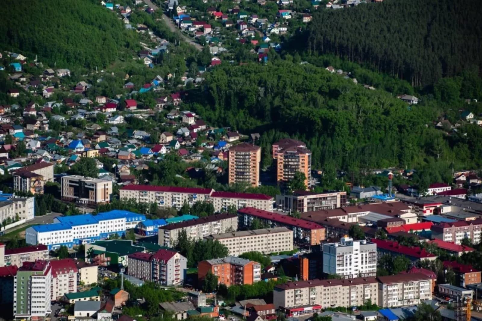 Центральная улица Горно-Алтайска с магазинами и берёзами